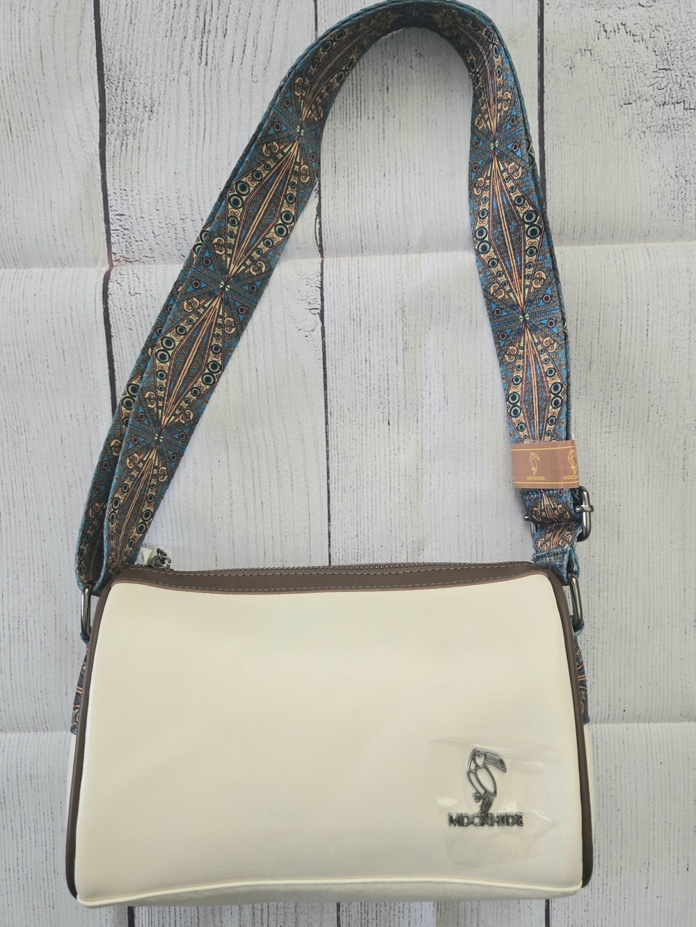 Cream and Brown Crossbody Shoulder Bag with Patterned Strap
